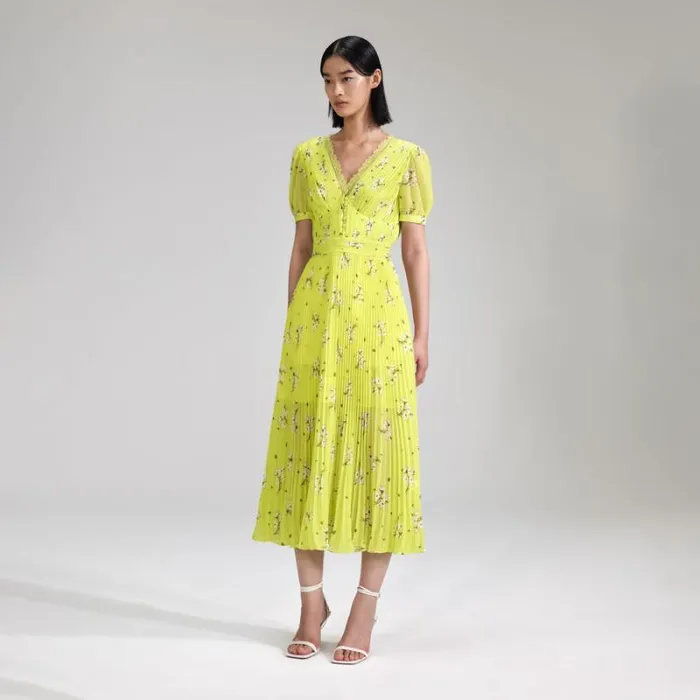 Dresses Woman SelfPortrait Lime Floral Chiffon Midi Dress
