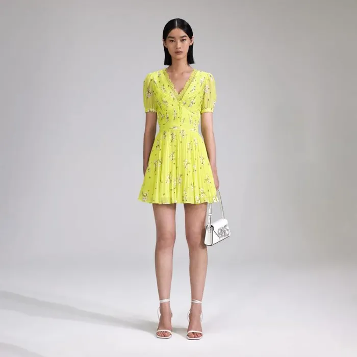 Dresses Woman SelfPortrait Lime Floral Chiffon Mini Dress