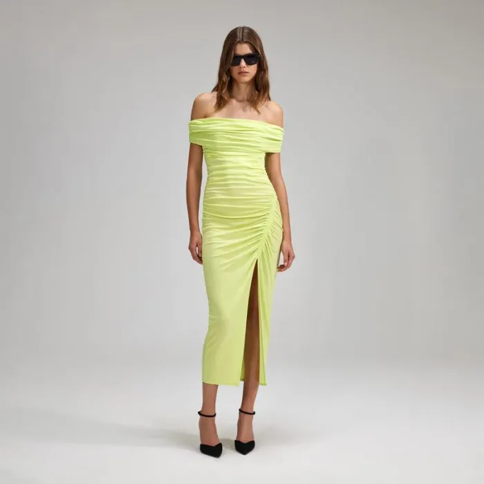 Dresses Woman SelfPortrait Lime Jersey OffShoulder Midi Dress
