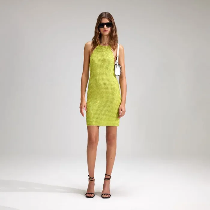 Dresses Woman SelfPortrait Lime Rhinestone Mesh Mini Dress