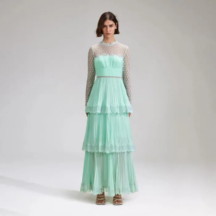 Dresses Woman SelfPortrait Mint Chiffon Tiered Maxi Dress