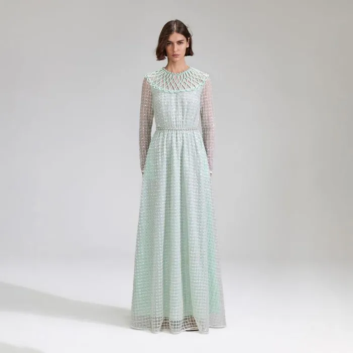Dresses Woman SelfPortrait Mint Grid Sequin Pearl Maxi Dress