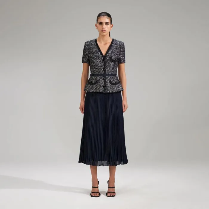 Dresses Woman SelfPortrait Navy Boucle Chiffon Skirt Midi Dress