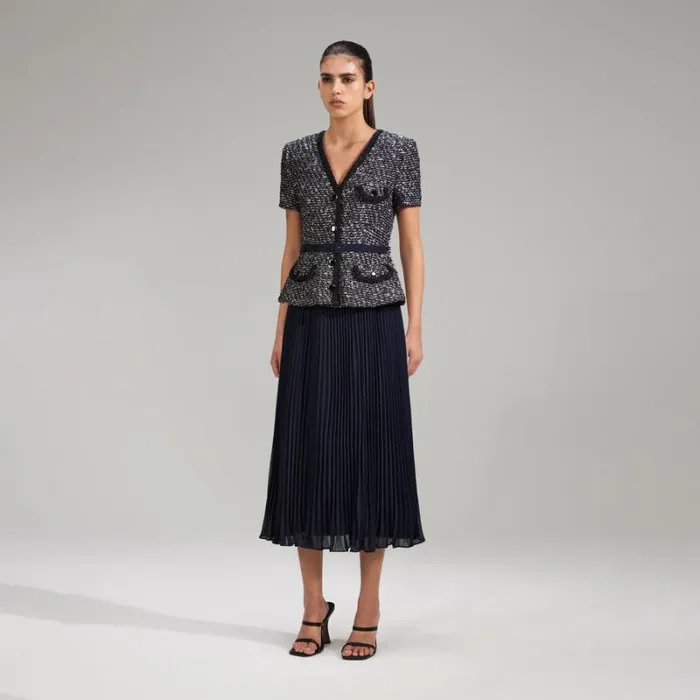Dresses Woman SelfPortrait Navy Boucle Chiffon Skirt Midi Dress Dresses Woman SelfPortrait Navy Boucle Chiffon Skirt Midi Dress