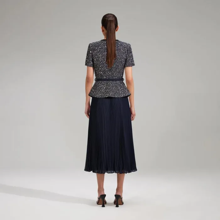 Dresses Woman SelfPortrait Navy Boucle Chiffon Skirt Midi Dress Dresses Woman SelfPortrait Navy Boucle Chiffon Skirt Midi Dress