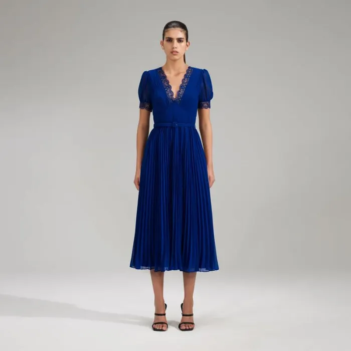 Dresses Woman SelfPortrait Navy Chiffon Midi Dress Lace Detail