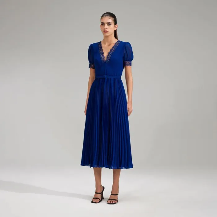 Dresses Woman SelfPortrait Navy Chiffon Midi Dress Lace Detail Dresses Woman SelfPortrait Navy Chiffon Midi Dress Lace Detail