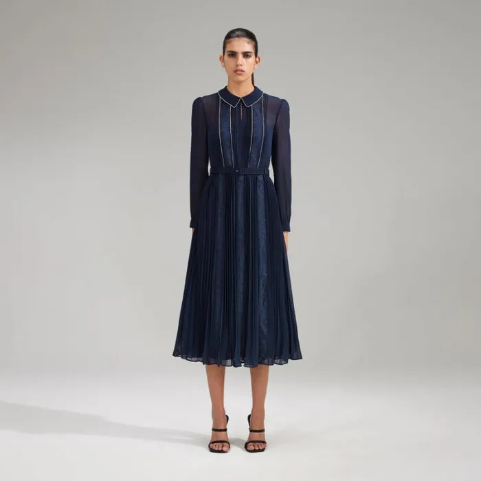 Dresses Woman SelfPortrait Navy Chiffon Midi Dress Lace Detail Dresses Woman SelfPortrait Navy Chiffon Midi Dress Lace Detail