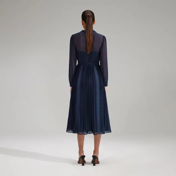 Dresses Woman SelfPortrait Navy Chiffon Midi Dress Lace Detail Dresses Woman SelfPortrait Navy Chiffon Midi Dress Lace Detail