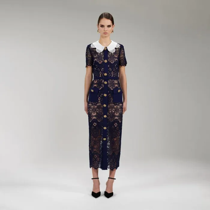 Dresses Woman SelfPortrait Navy Floral Guipure Midi Dress