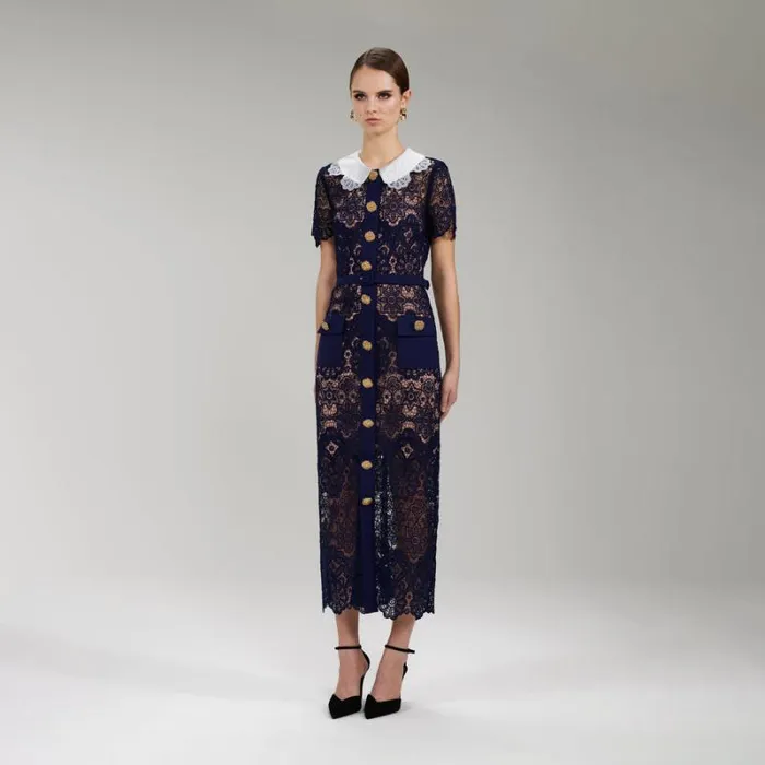 Dresses Woman SelfPortrait Navy Floral Guipure Midi Dress Dresses Woman SelfPortrait Navy Floral Guipure Midi Dress