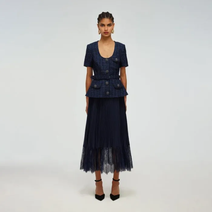 Dresses Woman SelfPortrait Navy Metallic Boucl Tailored Midi Dress