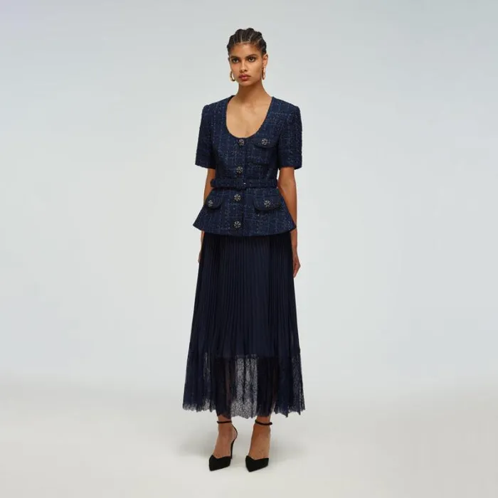 Dresses Woman SelfPortrait Navy Metallic Boucl Tailored Midi Dress Dresses Woman SelfPortrait Navy Metallic Boucl Tailored Midi Dress