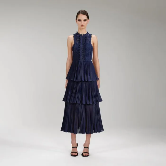 Dresses Woman SelfPortrait Navy Pleated Diamante Detail Midi Dress Dresses Woman SelfPortrait Navy Pleated Diamante Detail Midi Dress
