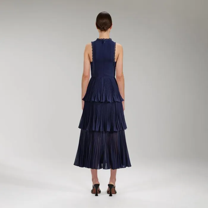 Dresses Woman SelfPortrait Navy Pleated Diamante Detail Midi Dress Dresses Woman SelfPortrait Navy Pleated Diamante Detail Midi Dress