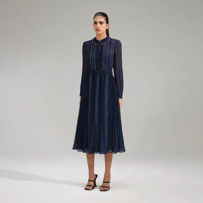 Dresses Woman SelfPortrait Navy Pleated Diamante Detail Midi Dress Dresses Woman SelfPortrait Navy Pleated Diamante Detail Midi Dress