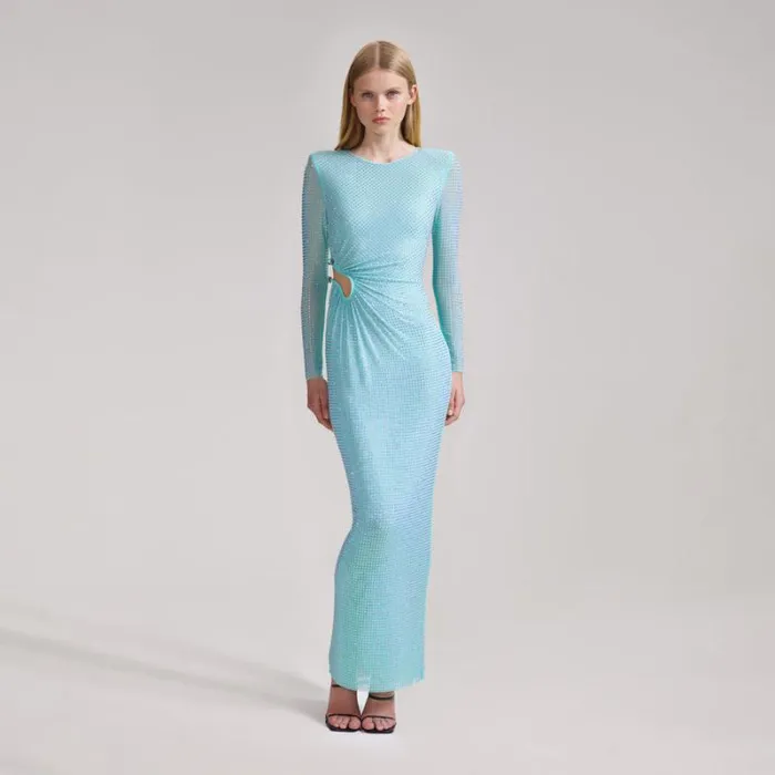 Dresses Woman SelfPortrait Pale Blue Rhinestone Mesh Maxi Dress