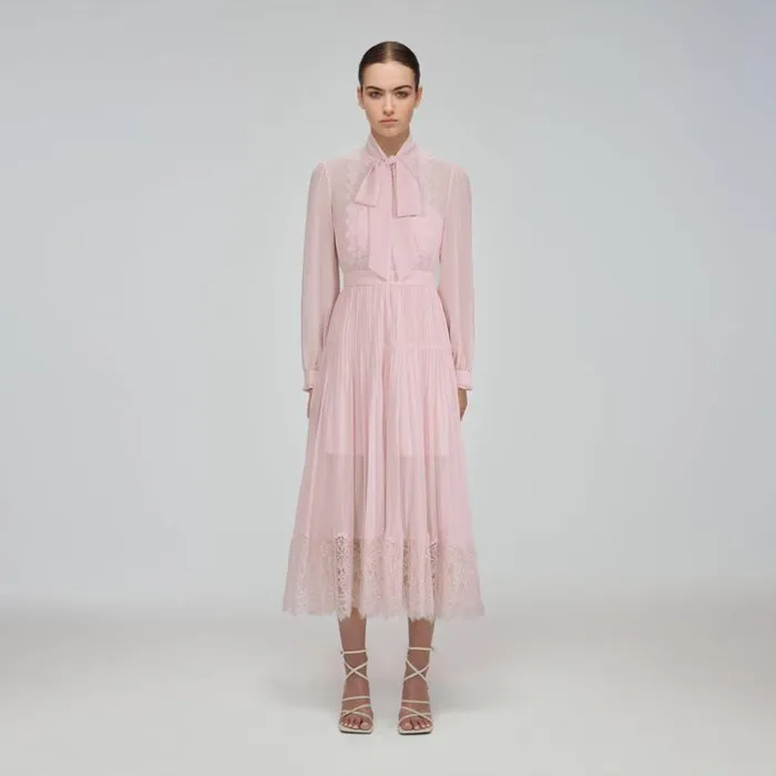 Dresses Woman SelfPortrait Pale Pink Chiffon Trimmed Midi Dress