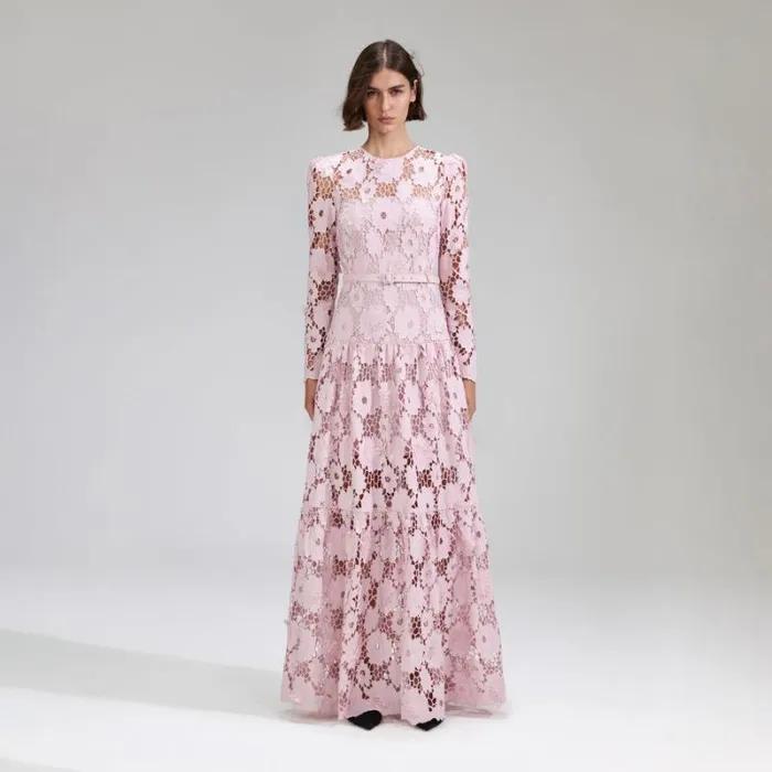 Dresses Woman SelfPortrait Pink 3D Cotton Lace Maxi Dress