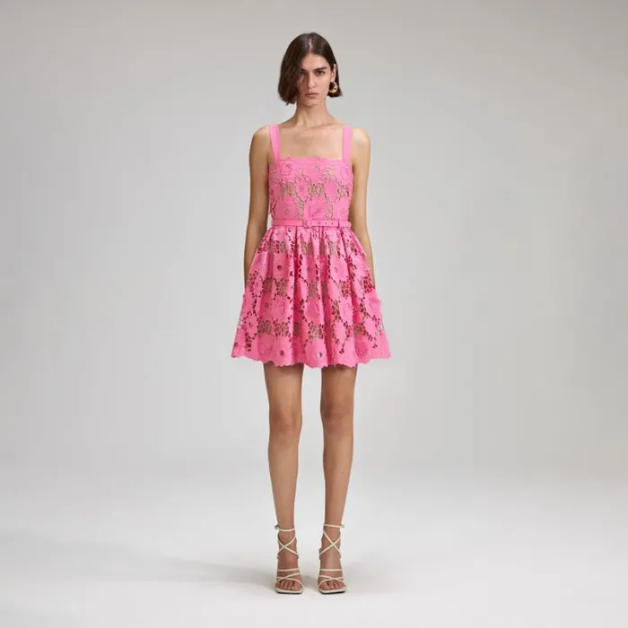 Dresses Woman SelfPortrait Pink 3D Cotton Lace Mini Dress