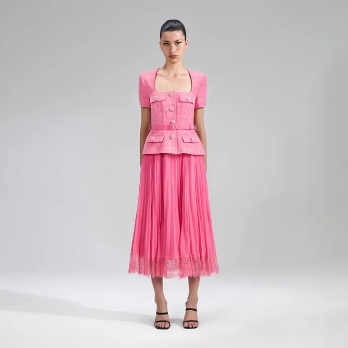 Dresses Woman SelfPortrait Pink Boucle Chiffon Midi Dress
