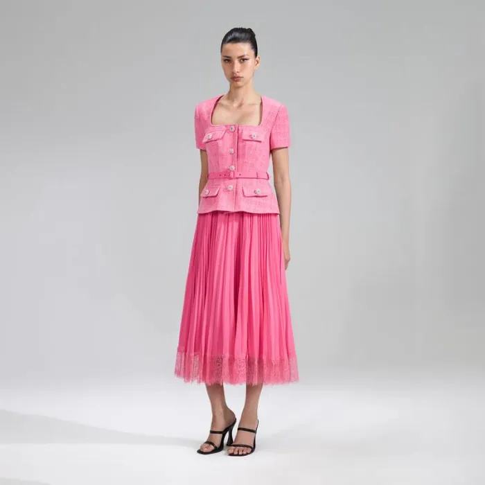 Dresses Woman SelfPortrait Pink Boucle Chiffon Midi Dress