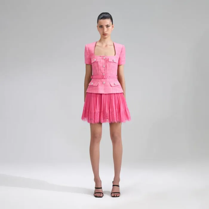 Dresses Woman SelfPortrait Pink Boucle Chiffon Mini Dress
