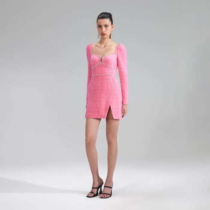 Dresses Woman SelfPortrait Pink Boucle Diamante Detail Mini Dress Dresses Woman SelfPortrait Pink Boucle Diamante Detail Mini Dress