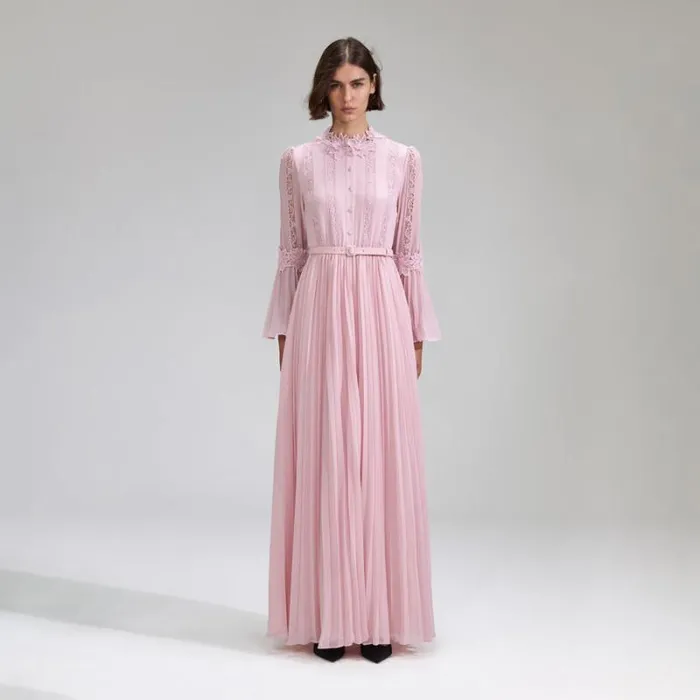 Dresses Woman SelfPortrait Pink Chiffon Lace Pleated Maxi Dress