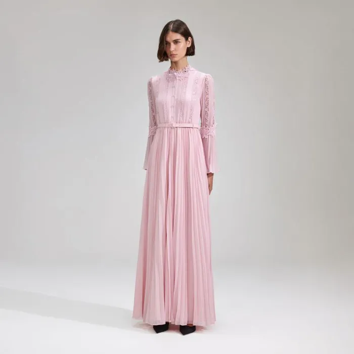 Dresses Woman SelfPortrait Pink Chiffon Lace Pleated Maxi Dress Dresses Woman SelfPortrait Pink Chiffon Lace Pleated Maxi Dress