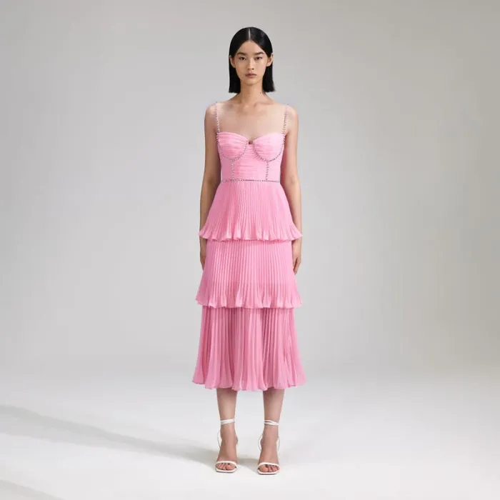 Dresses Woman SelfPortrait Pink Chiffon Tiered Midi Dress