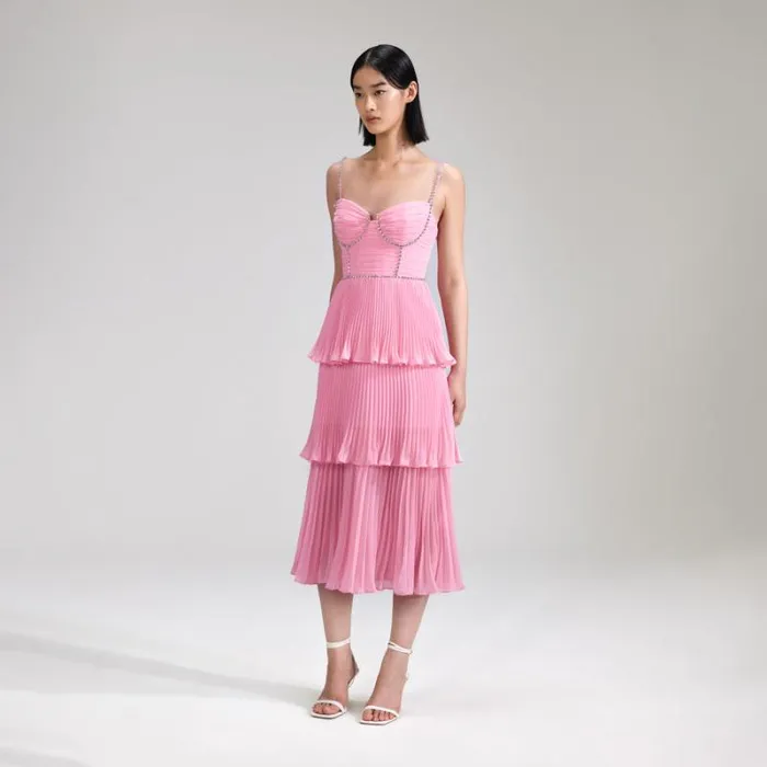 Dresses Woman SelfPortrait Pink Chiffon Tiered Midi Dress Dresses Woman SelfPortrait Pink Chiffon Tiered Midi Dress