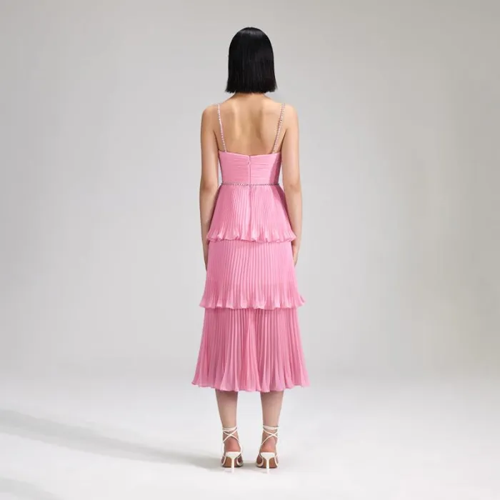 Dresses Woman SelfPortrait Pink Chiffon Tiered Midi Dress Dresses Woman SelfPortrait Pink Chiffon Tiered Midi Dress