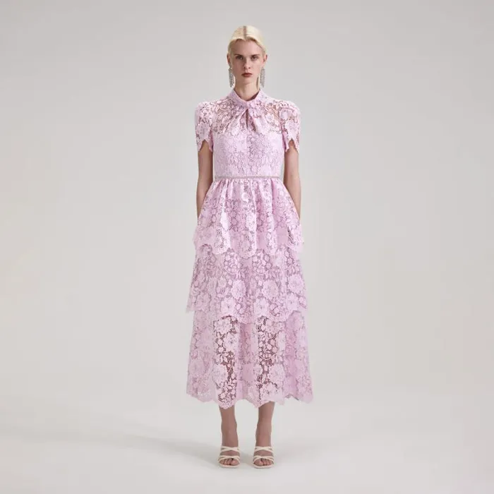 Dresses Woman SelfPortrait Pink Cord Lace Tiered Midi Dress