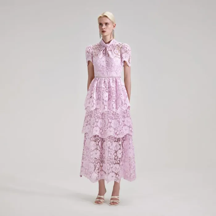 Dresses Woman SelfPortrait Pink Cord Lace Tiered Midi Dress Dresses Woman SelfPortrait Pink Cord Lace Tiered Midi Dress