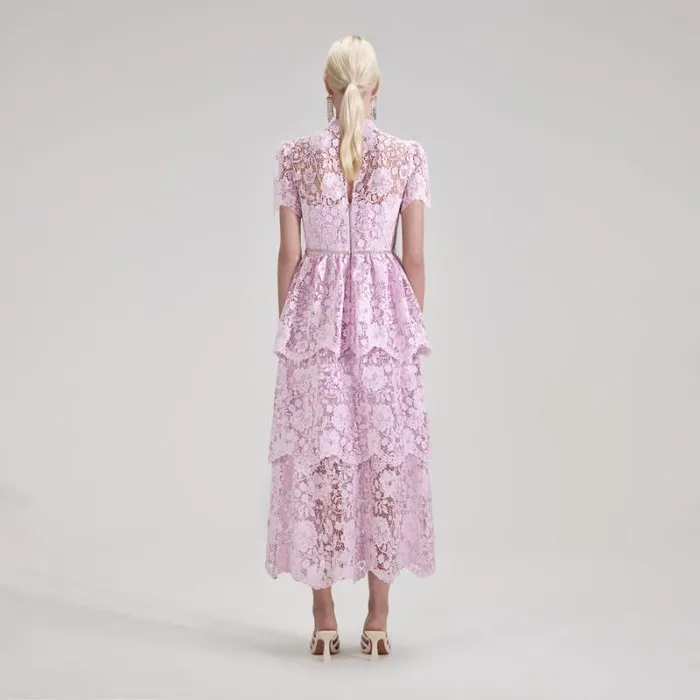 Dresses Woman SelfPortrait Pink Cord Lace Tiered Midi Dress Dresses Woman SelfPortrait Pink Cord Lace Tiered Midi Dress
