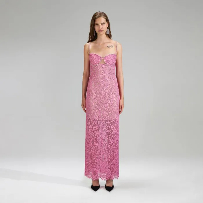 Dresses Woman SelfPortrait Pink Corded Lace Midi Dress