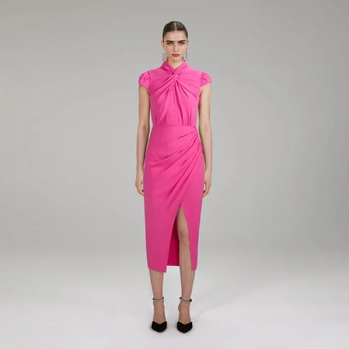 Dresses Woman SelfPortrait Pink Stretch Crepe Midi Ruched Dress