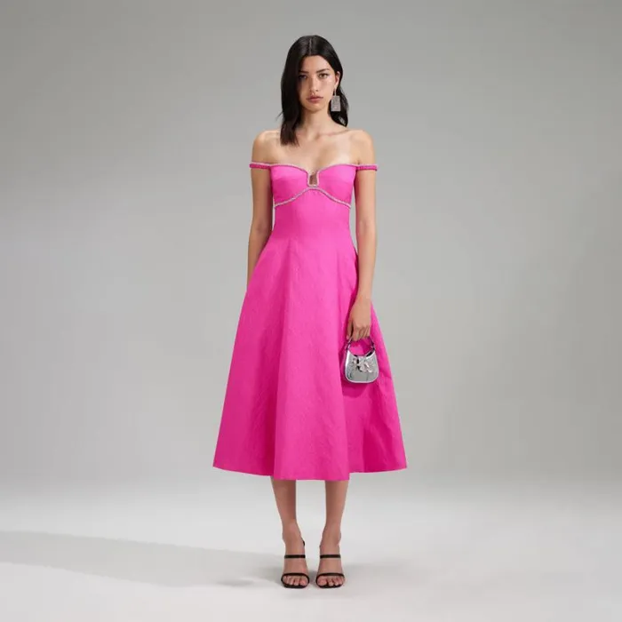 Dresses Woman SelfPortrait Pink Textured Diamante Detail Midi Dress