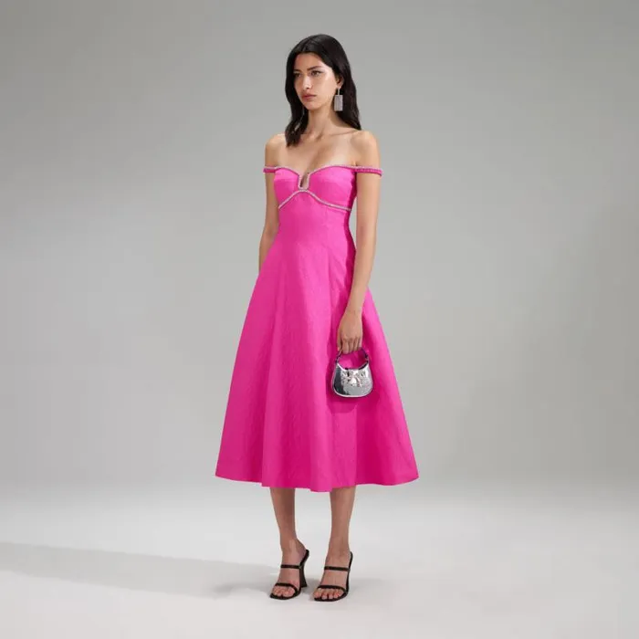 Dresses Woman SelfPortrait Pink Textured Diamante Detail Midi Dress Dresses Woman SelfPortrait Pink Textured Diamante Detail Midi Dress