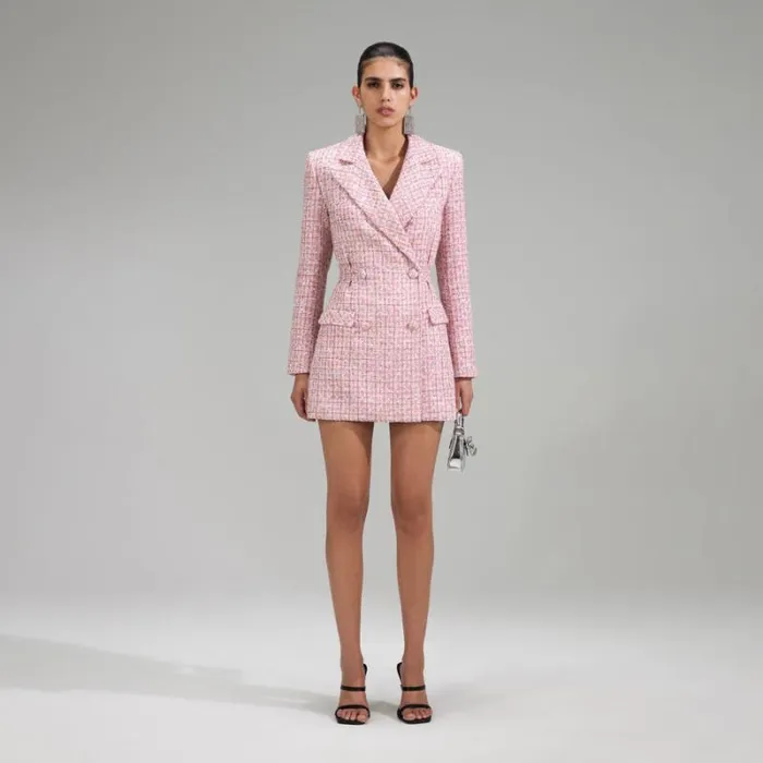 Dresses Woman SelfPortrait Pink V Neck Boucle Tailored Mini Dress