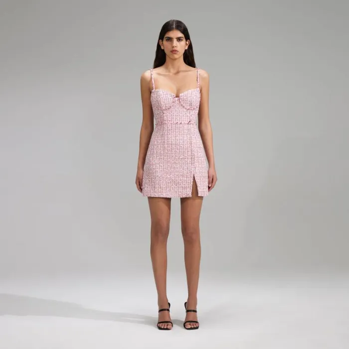 Dresses Woman SelfPortrait Pink V Neck Boucle Tailored Mini Dress Dresses Woman SelfPortrait Pink V Neck Boucle Tailored Mini Dress