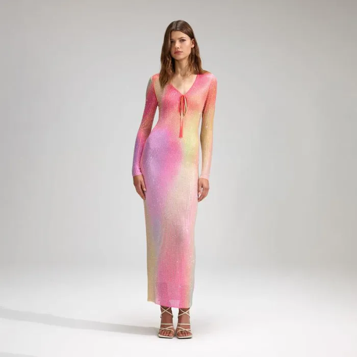 Dresses Woman SelfPortrait Printed Mesh Rhinestone Long Sleeve Maxi Dress