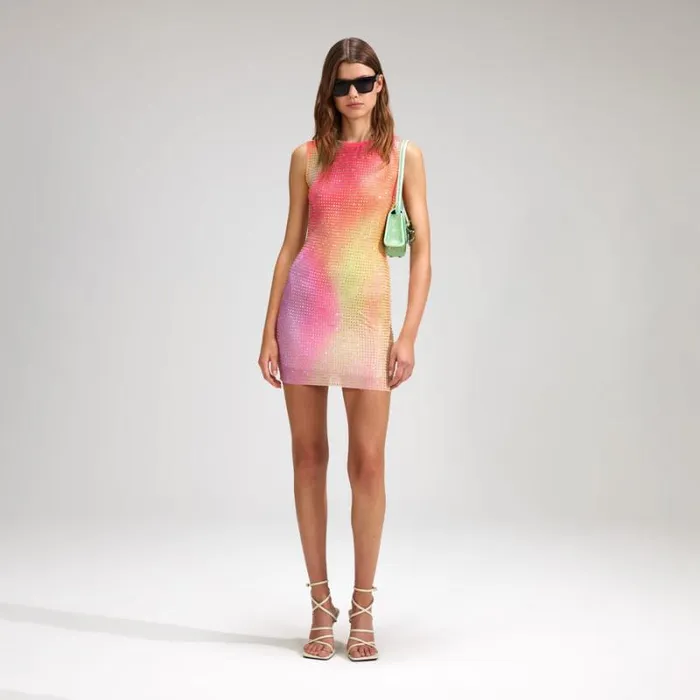 Dresses Woman SelfPortrait Printed Mesh Rhinestone Mini Dress