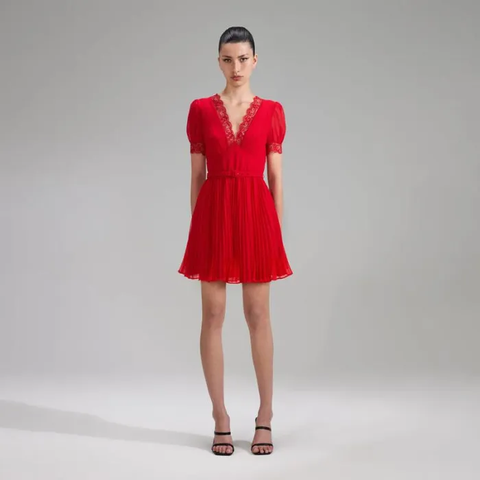 Dresses Woman SelfPortrait Red Chiffon V Neck Mini Dress