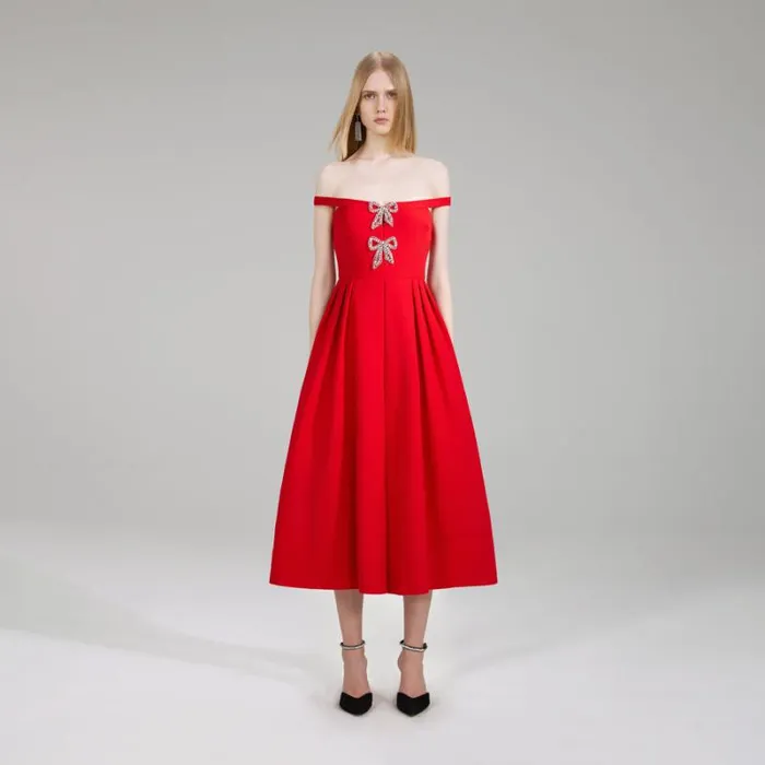Dresses Woman SelfPortrait Red Crepe Bow Midi Dress