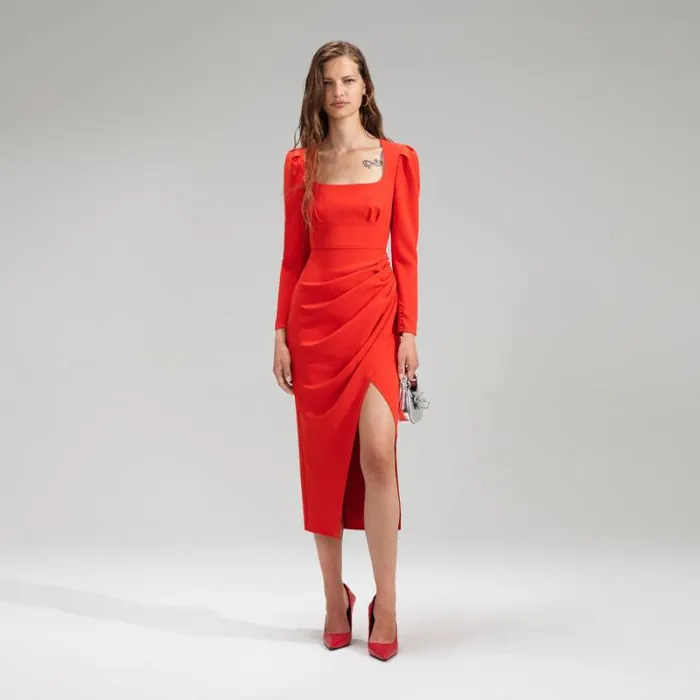 Dresses Woman SelfPortrait Red Crepe Ruched Midi Dress