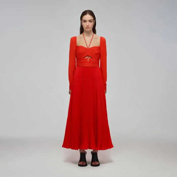 Dresses Woman SelfPortrait Red Crepe Ruched Midi Dress Dresses Woman SelfPortrait Red Crepe Ruched Midi Dress