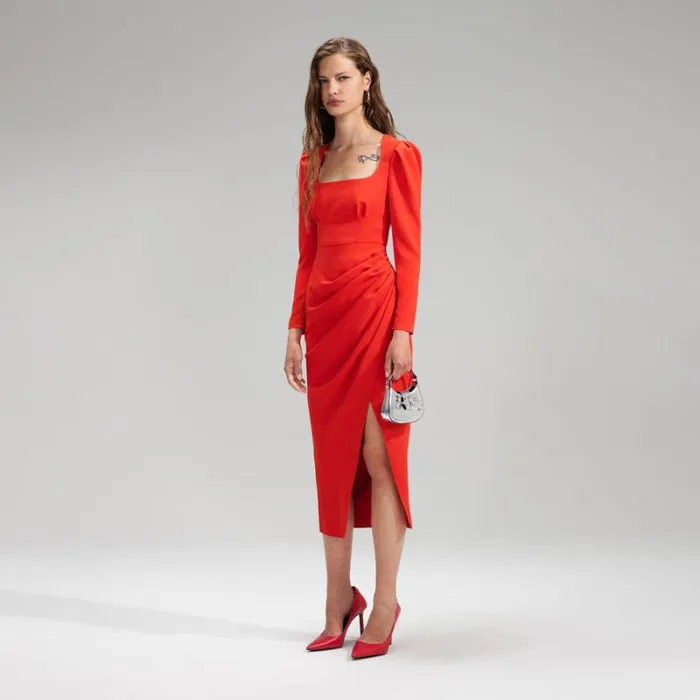 Dresses Woman SelfPortrait Red Crepe Ruched Midi Dress Dresses Woman SelfPortrait Red Crepe Ruched Midi Dress