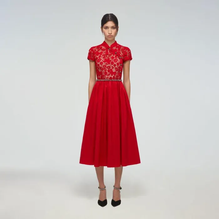 Dresses Woman SelfPortrait Red Guipure Lace And Taffeta Midi Dress